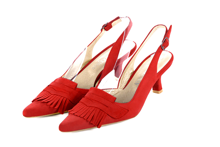 Scarlet red women's slingback shoes. Pointed toe. Medium spool heels. Front view - Florence KOOIJMAN